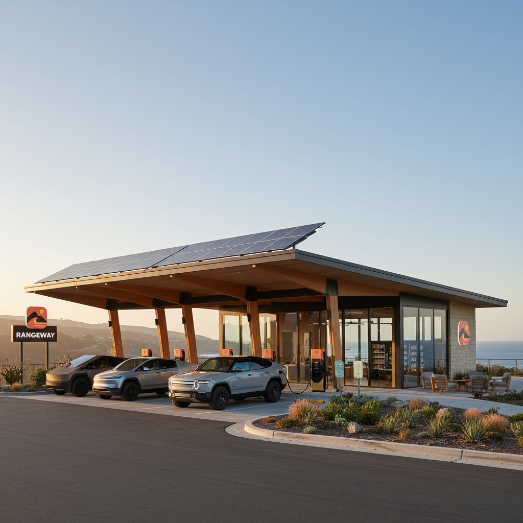 A Rangeway Waystation with a warm lounge facade and charging canopy set into the landscape